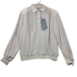 VTG Gailord White Sz 8 Lg-Slve Blouse Placket Button Front Smocked Hem *callout